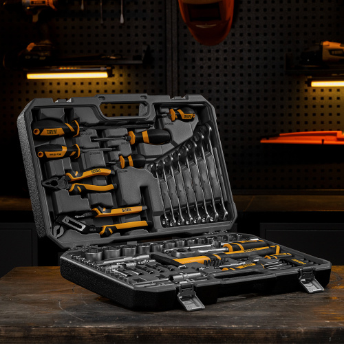 Набор инструментов, 1/2", 1/4", CrV, S2, пластиковый кейс, 84 предмета Denzel по ценам производителя в Уфе с доставкой по всей России