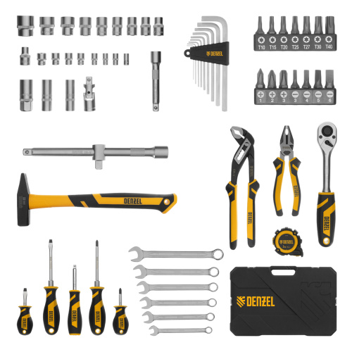 Набор инструментов, 1/2", 1/4", CrV, S2, пластиковый кейс, 64 предмета Denzel по ценам производителя в Уфе с доставкой по всей России