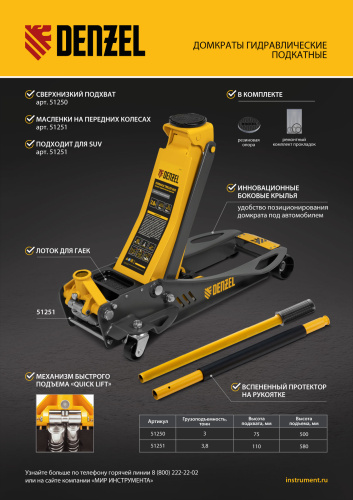 Домкрат гидравлический подкатной, 3 т, 75-500 мм, быстрый подъем, низкий подхват, проф. Denzel по ценам производителя в Уфе с доставкой по всей России