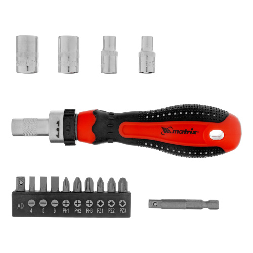 Отвертка реверсивная с набором бит и насадок торцевых, CrV, 1/4, 16 шт Matrix по ценам производителя в Уфе с доставкой по всей России