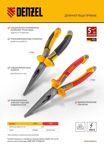 Длинногубцы прямые, диэлектрические рукоятки до 1000 В, трехкомпонентные рукоятки, 205мм Denzel по ценам производителя в Уфе с доставкой по всей России