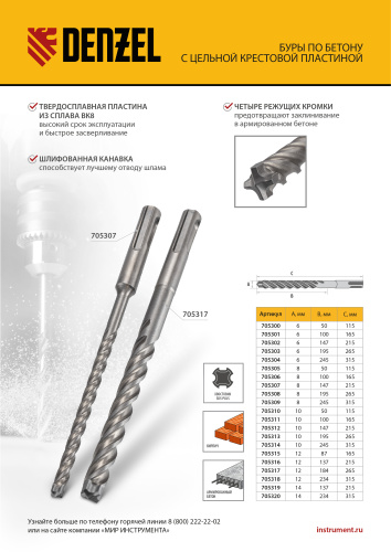 Бур по бетону, цельная крестовая пластина, 6x215 мм, SDS PLUS Denzel по ценам производителя в Уфе с доставкой по всей России