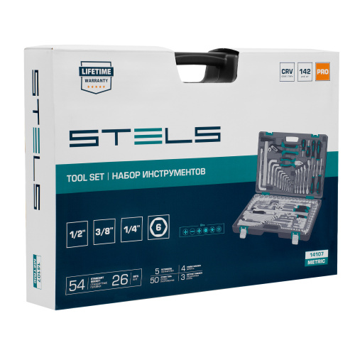 Набор инструментов, 1/2",3/8", 1/4", CrV, пластиковый кейс 142 предмета Stels по ценам производителя в Уфе с доставкой по всей России