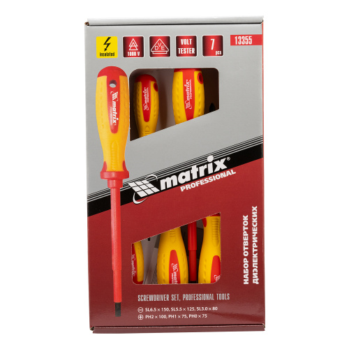 Набор диэлектрических отверток 7 шт, до 1000 В, пробник электрический до 250 В, двухкомпонентные рукоятки Matrix Professional по ценам производителя в Уфе с доставкой по всей России