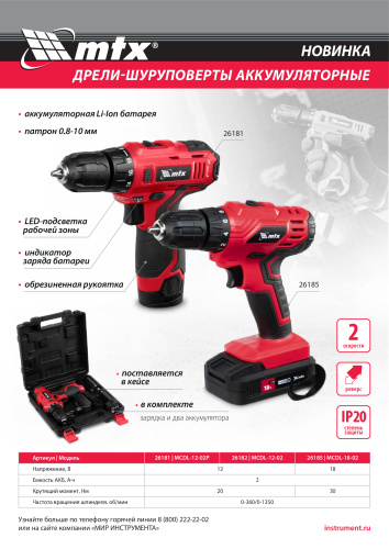 Дрель-шуруповерт аккумуляторная MCDL-18-02, Li-Ion, 18 В, 2 акк. MTX по ценам производителя в Уфе с доставкой по всей России