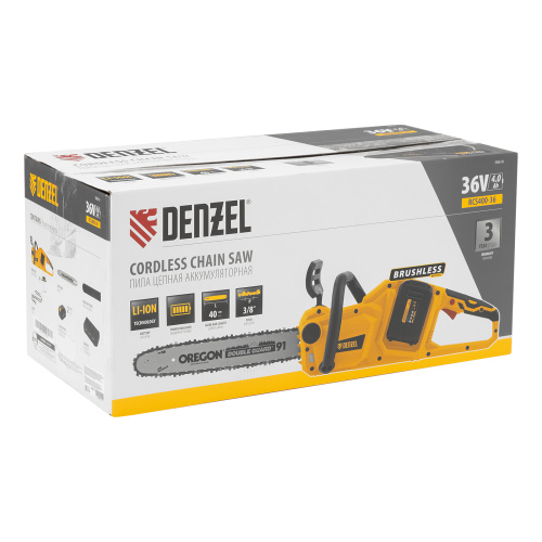 Цепная пила аккумуляторная бесщеточная RCS400-36, Li-ion, 36 В, 4 Ач, шина 400 мм Denzel по ценам производителя в Уфе с доставкой по всей России