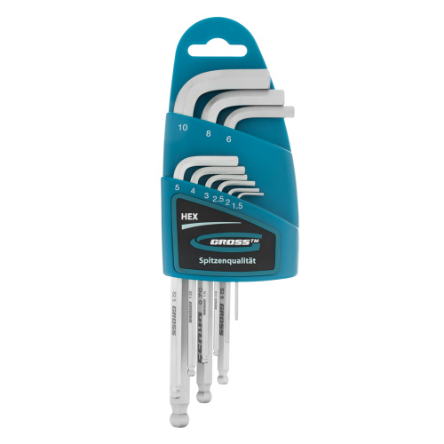 Набор ключей имбусовых HEX, 1.5-10 мм, S2, 9 шт, удлиненные с шаром, сатинированные Gross по ценам производителя в Уфе с доставкой по всей России