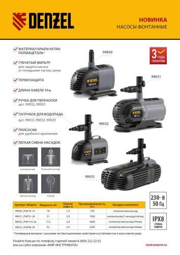 Насос фонтанный FNP31-24, 31 Вт, подъем 2,4 м, 1500 л/ч, колокольчик/2 каскада/гейзер Denzel по ценам производителя в Уфе с доставкой по всей России
