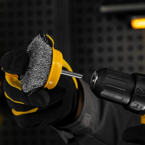 Щетка для дрели, 75 мм, Чашка, со шпилькой, нержавеющая витая проволока Denzel по ценам производителя в Уфе с доставкой по всей России