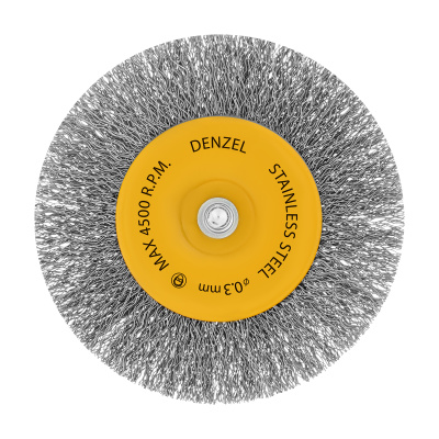 Щетка для дрели 100 мм, Плоская, со шпилькой, нержавеющая витая проволока Denzel по ценам производителя в Уфе с доставкой по всей России