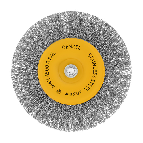 Щетка для дрели 100 мм, Плоская, со шпилькой, нержавеющая витая проволока Denzel по ценам производителя в Уфе с доставкой по всей России