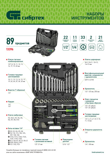 Набор инструментов, 1/2", 1/4", пластиковый кейс 89 предметов Сибртех по ценам производителя в Уфе с доставкой по всей России