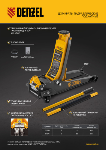 Домкрат гидравлический подкатной, 3 т, 85-610 мм, быстрый подъем, низ. подхват, проф, SUV Denzel по ценам производителя в Уфе с доставкой по всей России