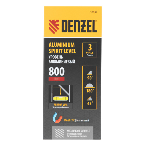 Уровень алюминиевый, магнит, фрезерованный, 3 глазка (1 зеркал.) 0,5 мм/м, 800 мм Denzel по ценам производителя в Уфе с доставкой по всей России