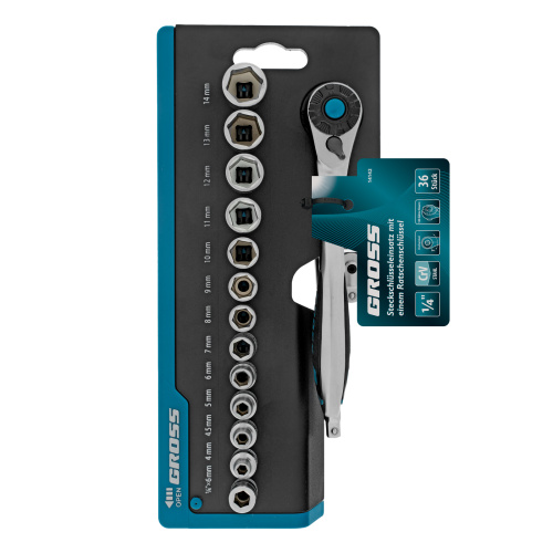 Набор торцевых головок, трещотка 120 зубьев, 1/4", CrV, 36 предметов Gross по ценам производителя в Уфе с доставкой по всей России