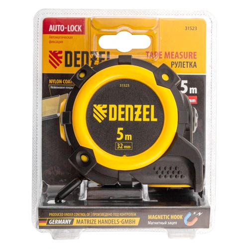 Рулетка 5м х 32мм, автоматич. фиксац., нейлон. покрытие, магнит. зацеп, двухстор. разметка Denzel по ценам производителя в Уфе с доставкой по всей России
