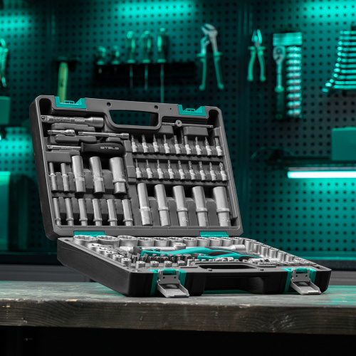 Набор инструментов 1/2", 1/4", CrV, 12 гранные головки, пластиковый кейс, 109 предмета Stels по ценам производителя в Уфе с доставкой по всей России