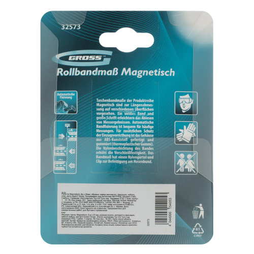 Рулетка Magnetisch 8 м х 25 мм,обрезиненный корпус,автоматическая фиксация,Нейлоновое покрытиеытие,зацеп с магнитом Gross по ценам производителя в Уфе с доставкой по всей России