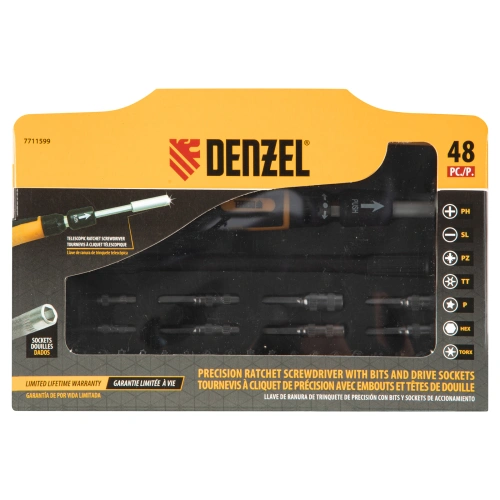 Отвертка с набором бит и торцевых головок для точных работ, гибкий привод, 48 шт, CrMo Denzel по ценам производителя в Уфе с доставкой по всей России