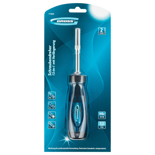 Отвертка реверсивная с удлинителем, трещотка 72 зуба, 12 шт, сталь S2 Gross по ценам производителя в Уфе с доставкой по всей России