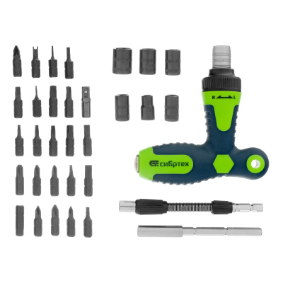 Отвертка Т-образная реверсивная с набором бит, торцевых головок, 33 предмета, CrV Сибртех по ценам производителя в Уфе с доставкой по всей России