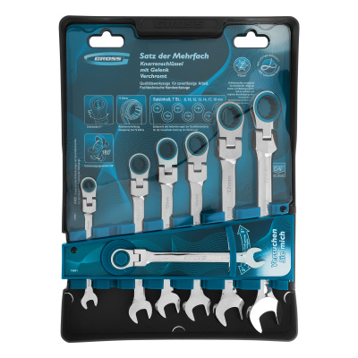 Набор ключей комбинированных с трещоткой, 8-19 мм, 7 шт, шарнирные, CrV Gross по ценам производителя в Уфе с доставкой по всей России