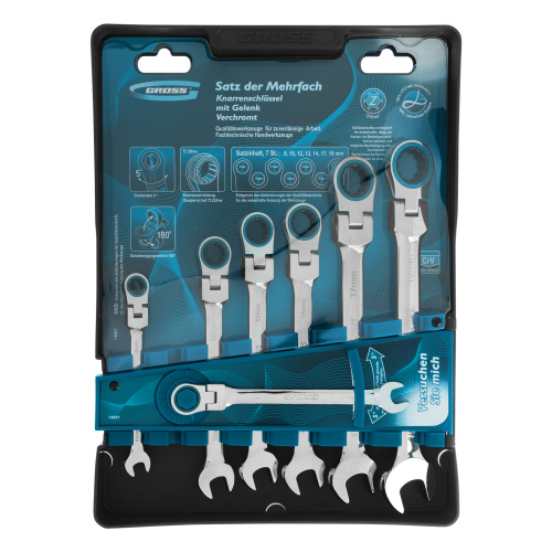 Набор ключей комбинированных с трещоткой, 8-19 мм, 7 шт, шарнирные, CrV Gross по ценам производителя в Уфе с доставкой по всей России
