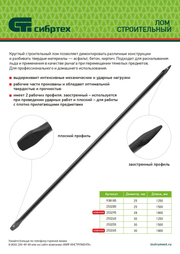 Лом строительный, D 30 мм, L 1500 мм, круглый Сибртех по ценам производителя в Уфе с доставкой по всей России