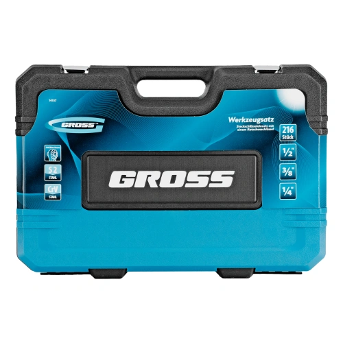 Набор инструментов, 1/2", 3/8", 1/4", CrV, 120 зубьев, 216 предметов Gross по ценам производителя в Уфе с доставкой по всей России