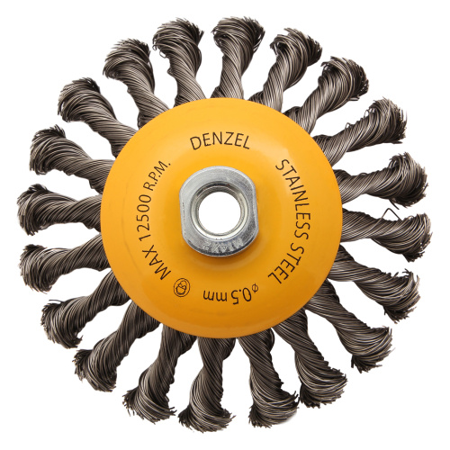 Щетка для УШМ, 125 мм, "Тарелка", крученая нержавеющая проволока 0.5 мм, М14 Denzel по ценам производителя в Уфе с доставкой по всей России