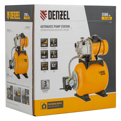 Насосная станция PS1000Х, 1000 Вт, 3500 л/ч, ресивер 24 л, подъем 44 м, нержавейка Denzel по ценам производителя в Уфе с доставкой по всей России