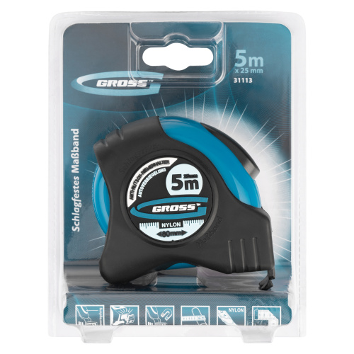 Рулетка "Schlagfest",5 м x 25 мм,магнитный обрезиненный зацеп,двусторонняя шкала,Нейлоновое покрытие,автоматическая фиксация Gross по ценам производителя в Уфе с доставкой по всей России