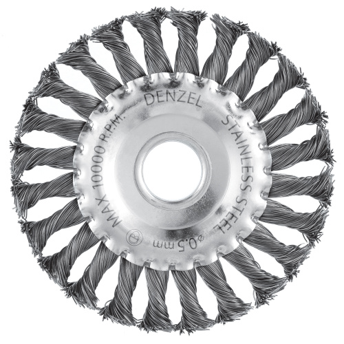 Щетка для УШМ, 125 мм, "Плоская", крученая нержавеющая проволока 0.5 мм, посадка 22.2 мм Denzel по ценам производителя в Уфе с доставкой по всей России