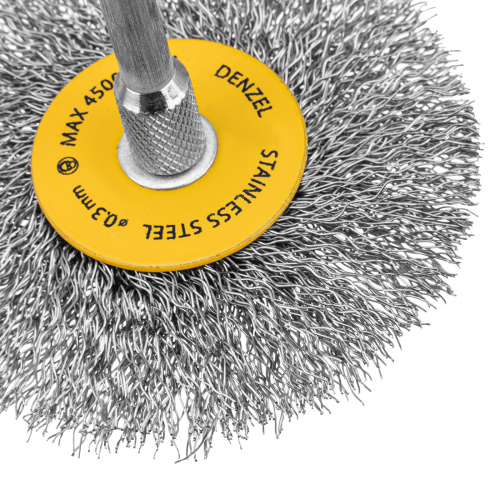 Набор щеток для дрели, 5 Плоских 25-38-50-63-75 мм, шпилька, нерж. вит. проволока Denzel по ценам производителя в Уфе с доставкой по всей России