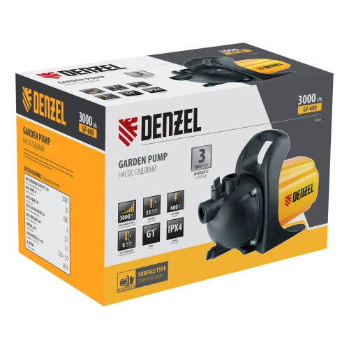 Садовый поверхностный насос GP 600, 600 Вт, 3000 л/ч, подъем 35 м, пластик Denzel по ценам производителя в Уфе с доставкой по всей России