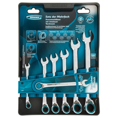 Набор ключей комбинированных с трещоткой, 8-19 мм, 7 шт, реверсивные, CrV Gross по ценам производителя в Уфе с доставкой по всей России