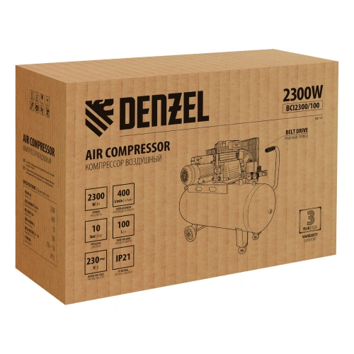 Компрессор воздушный BCI2300/100, ременный привод, 2.3 кВт, 100 литров, 400 л/мин Denzel по ценам производителя в Уфе с доставкой по всей России