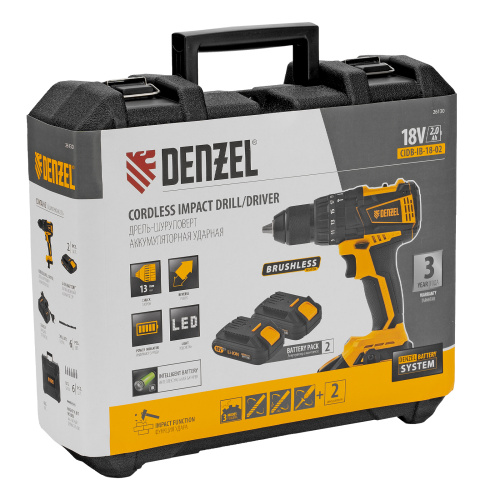 Дрель-шуруповерт аккумуляторная ударная бесщет CIDB-IB-18-02, Li-Ion, 18 В, 2 акк. Denzel по ценам производителя в Уфе с доставкой по всей России