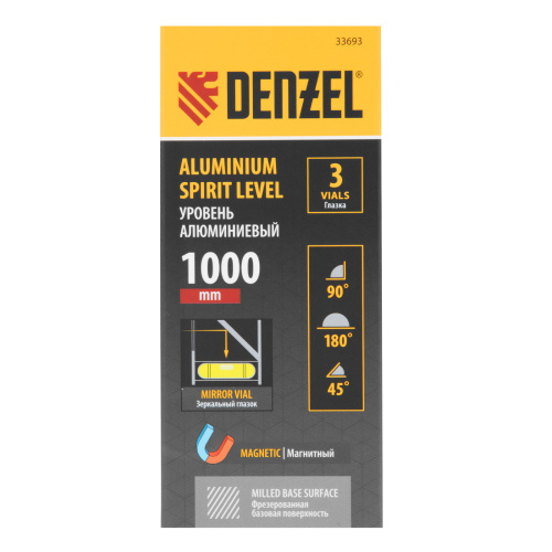 Уровень алюминиевый, магнит, фрезерованный, 3 глазка (1 зеркал.) 0,5 мм/м, 1000 мм Denzel по ценам производителя в Уфе с доставкой по всей России