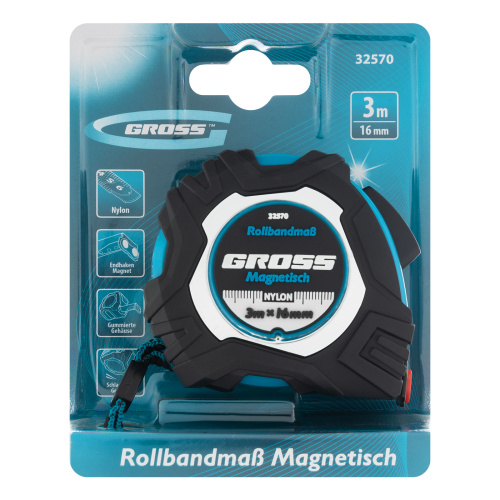 Рулетка Magnetisch 3 м х 16 мм,обрезиненный корпус,автоматическая фиксация,Нейлоновое покрытиеытие,зацеп с магнитом Gross по ценам производителя в Уфе с доставкой по всей России