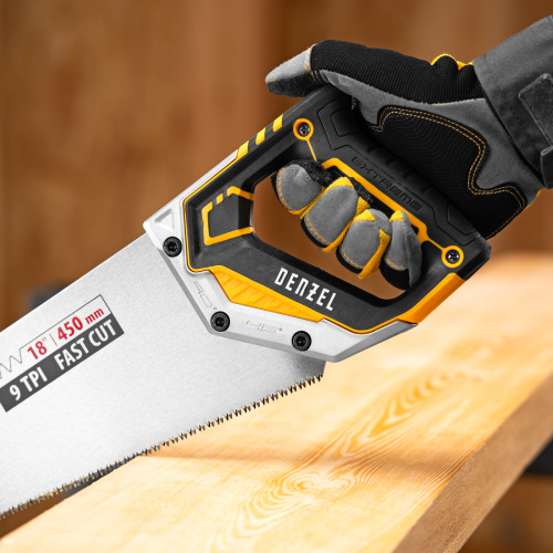 Ножовка по дереву, 450 мм, 9 TPI, зуб 3D, металлопластиковая рукоятка Denzel по ценам производителя в Уфе с доставкой по всей России