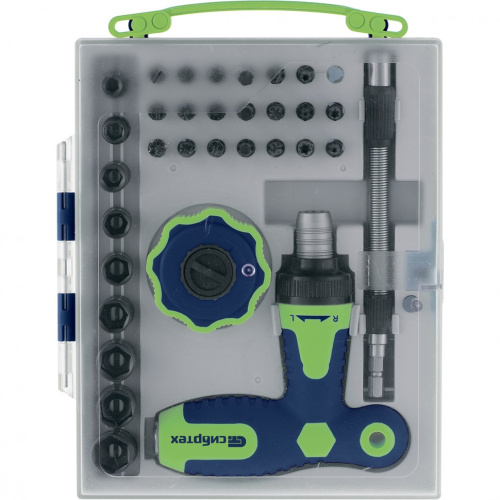 Отвертка Т-образная и трещотка, реверсивные с набором бит, торцевых головок, 34 предмета, CrV Сибртех по ценам производителя в Уфе с доставкой по всей России