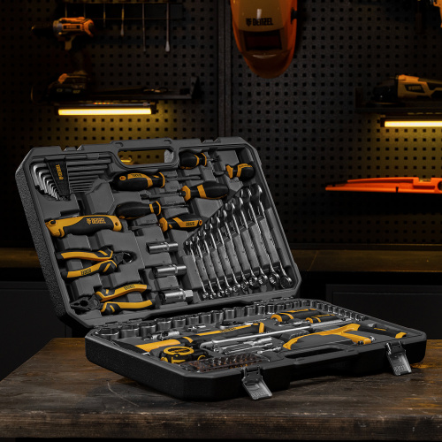 Набор инструментов, 1/2", 1/4", CrV, S2, пластиковый кейс, 100 предметов Denzel по ценам производителя в Уфе с доставкой по всей России