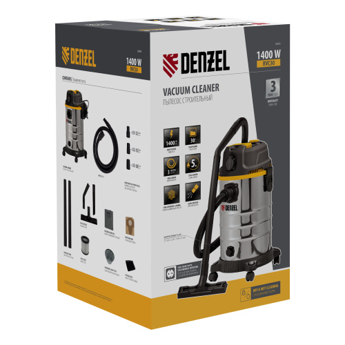 Пылесос строительный RVC30, 1400 Вт, бак 30 л, шланг 3 м, розетка с автосинхр. Denzel по ценам производителя в Уфе с доставкой по всей России