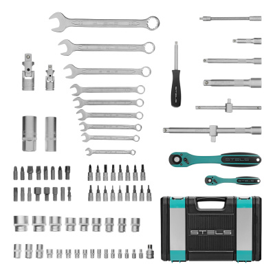 Набор инструментов 1/2", 1/4", CrV, 12 гранные головки, пластиковый кейс, 82 предмета Stels по ценам производителя в Уфе с доставкой по всей России