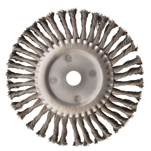 Щетка для УШМ, 200 мм, "Плоская", крученая нержавеющая проволока 0.5 мм, посадка 22.2 мм Denzel по ценам производителя в Уфе с доставкой по всей России