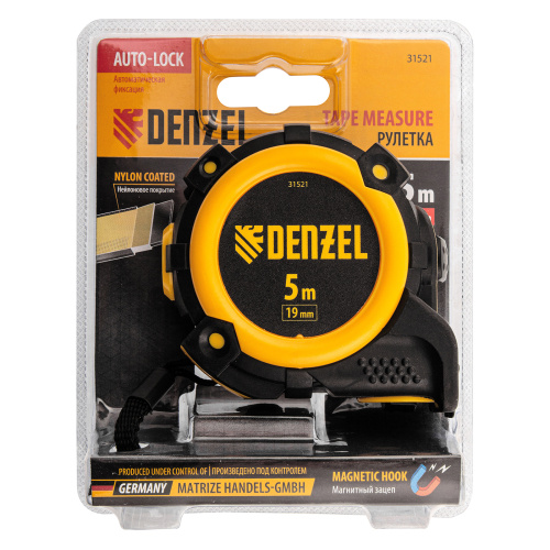Рулетка 5м х 19мм, автоматич. фиксац., нейлон. покрытие, магнит. зацеп, двухстор. разметка Denzel по ценам производителя в Уфе с доставкой по всей России
