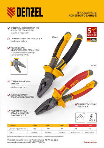 Плоскогубцы комбинированные, диэлектрические трехкомпонентные рукоятки до 1000 В, 165 мм Denzel по ценам производителя в Уфе с доставкой по всей России