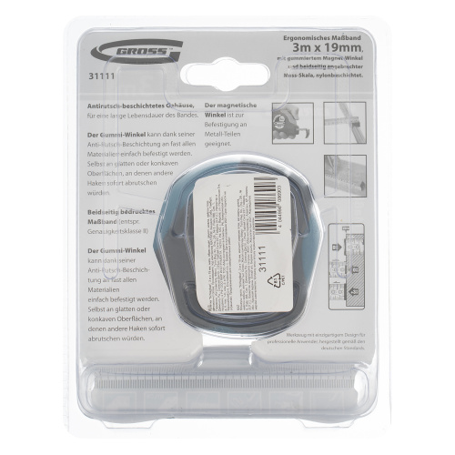 Рулетка "Schlagfest",3 м x 19 мм,магнитный обрезиненный зацеп,двусторонняя шкала,Нейлоновое покрытие,автоматическая фиксация Gross по ценам производителя в Уфе с доставкой по всей России