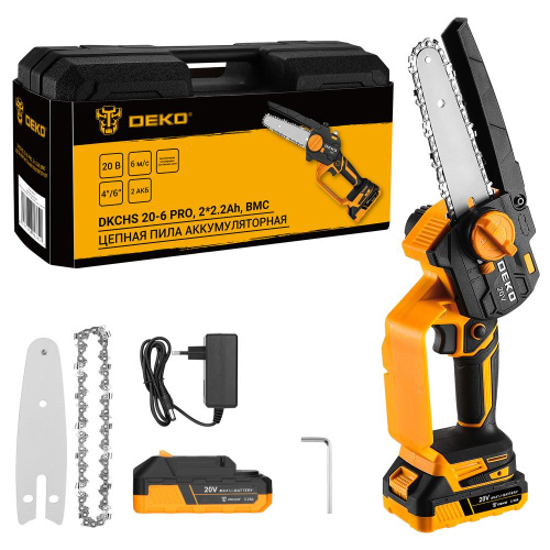 Пила цепная аккумуляторная DEKO DKCHS 20-6 PRO, 4" и 6", 20В, 2x2.2Ач, 2 шины и 2 цепи в кейсе по ценам производителя в Уфе с доставкой по всей России